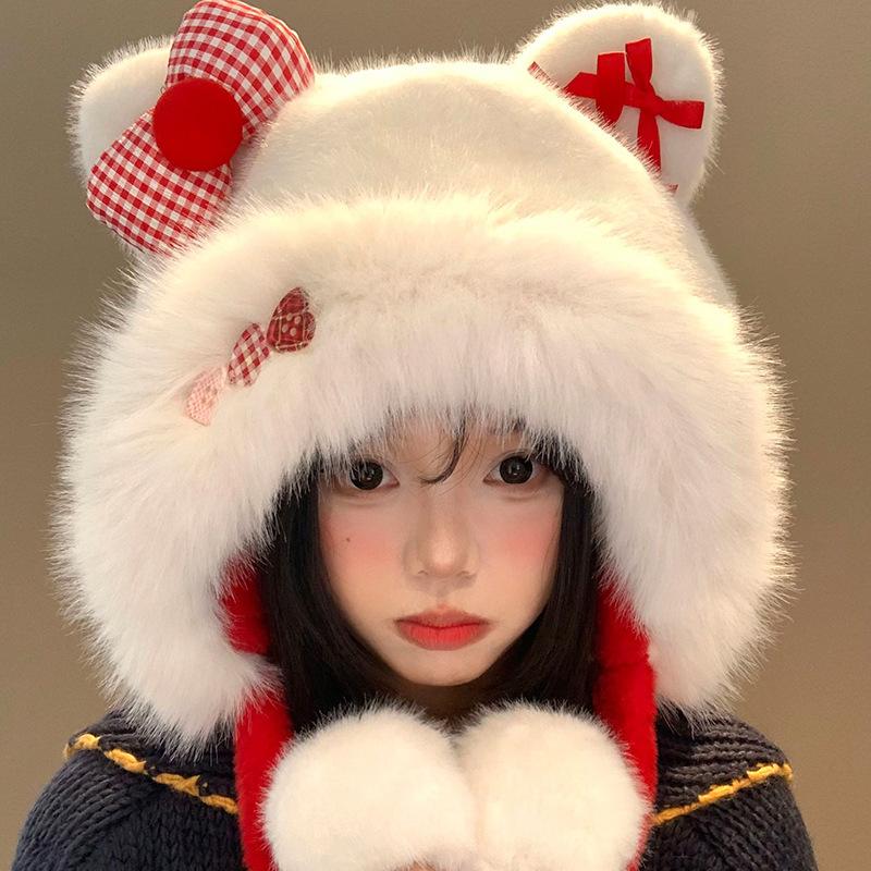 Cute Cat Ears Bow Plush Hat Women's Autumn and Winter Sweet Thickened Warm Cold Ear Protection Plush Lei Feng Hat