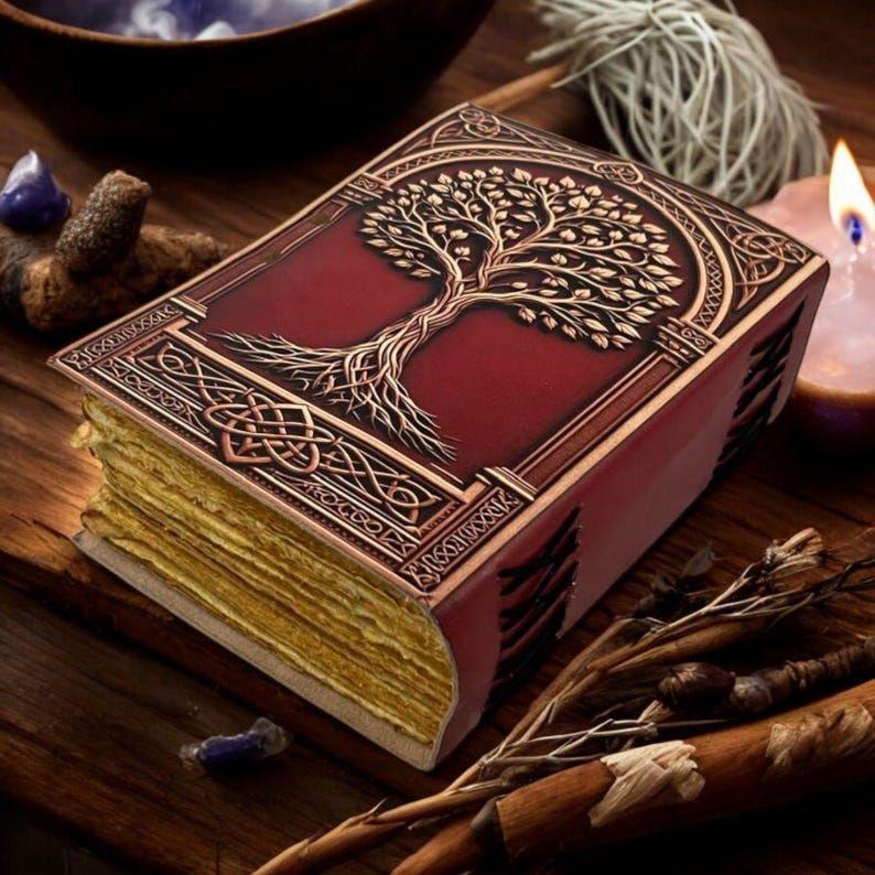 Large Grimoire Vintage leather journal, Tree of Life Fat Journal, Blank spell book of shadows Celestial Gifts For Him Her