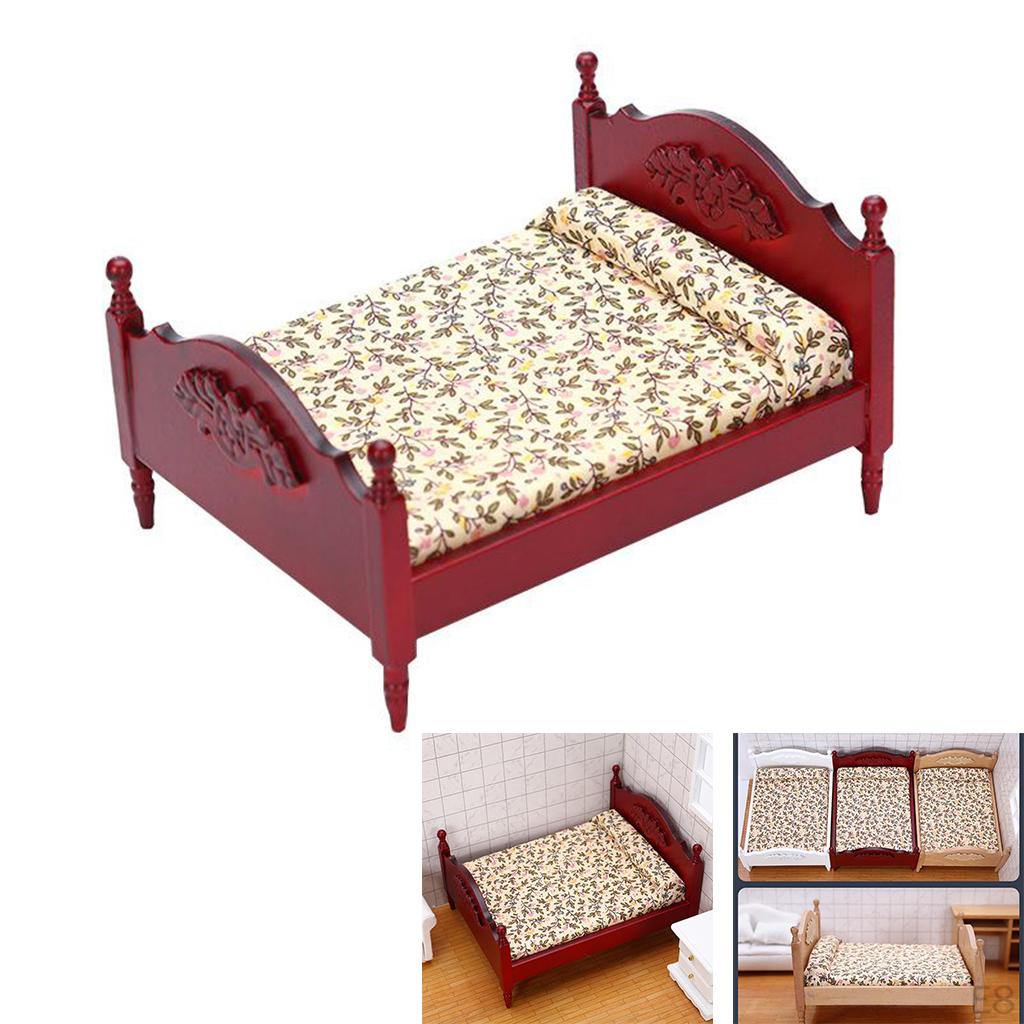 Miniature Birch Wood Upholstered Double Bed And Bedroom Accessories Furniture 1:12 Scale Doll House
