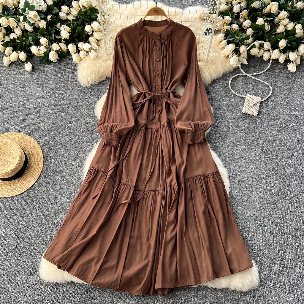Frenchic Vintage Maxi Dress Women Stand Collar Lantern Sleeve Lace-up Female A-line Elegant Dresses Spring Autumn