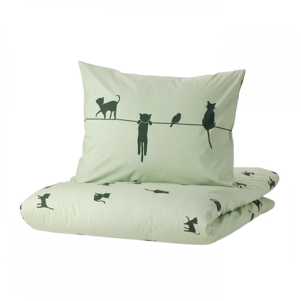 

IKEA BARNDR M Пододеяльник Наволочка Кот узор зеленый 150х200 50х80 см