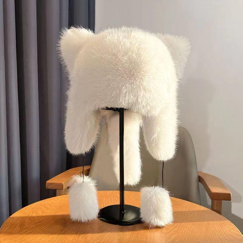 Thickened Winter Hats For Women Keep Warm Windproof Furry Trapper Hat With Cute Tail Ear Protectors Bomber Hat Winter