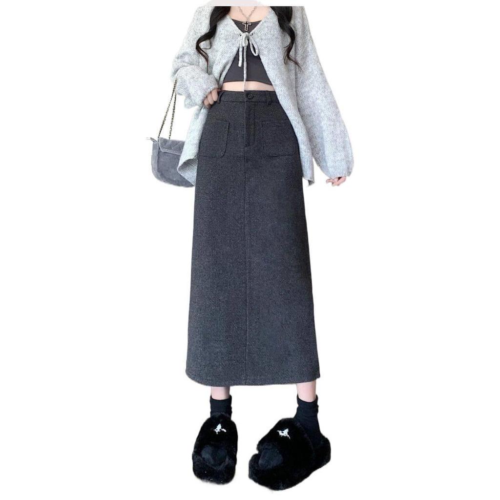 2025 Autumn/Winter Woolen High-Waisted Slimming Straight Midi Skirt with Slit