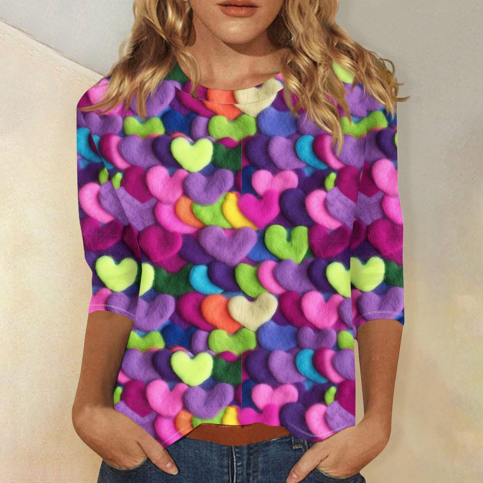 

Женская повседневная свободная футболка с круглым вырезом и принтом ко Дню святого Валентина с рукавами три четверти XXXXXL фиолетовый