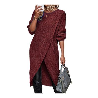 Frauen Herbst Winter Kleid Unregelmäßige Split Saum Gestrickte Lose Weiche Dicke Warme Langarm Einfarbig Mittellange Pullover Kleid