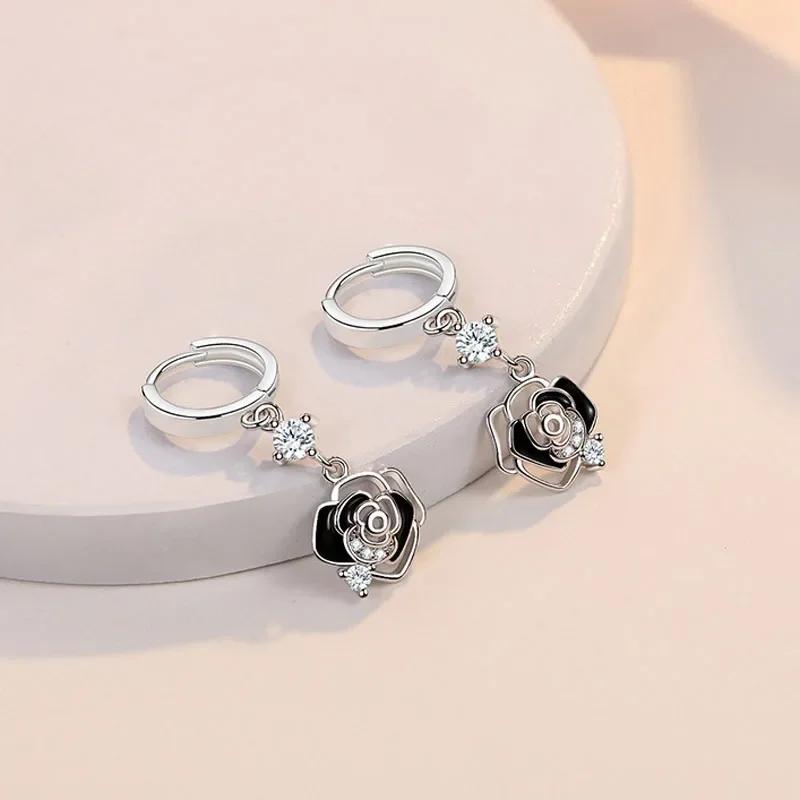 New Trendy 925 Silver Earrings For Women Vintage Black Hollow Rose Flower Ear Jewelry Lady Anniversary Accessories