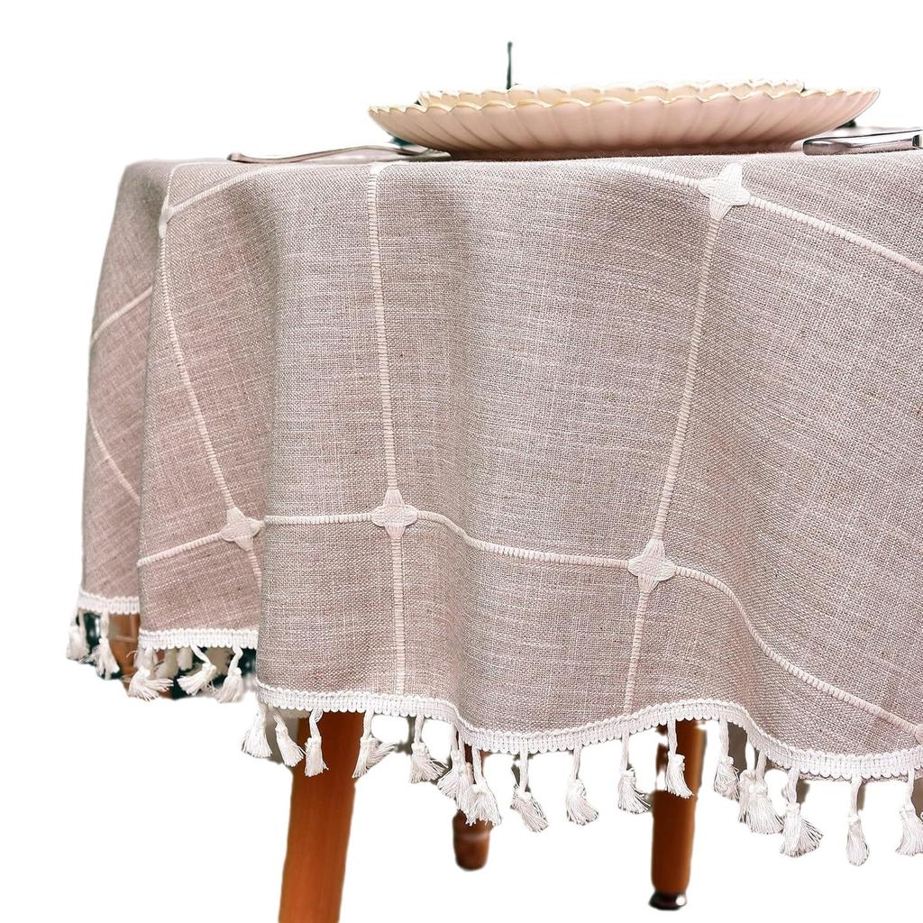 Nordic Ins Style Round Table Cloth Fringed Large Plaid Picnic Table Fabric Imitation Cotton And Linen Tablecloth Cover Cloth Spot Batch