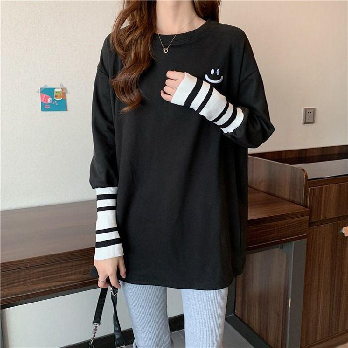 

Женская футболка с длинным рукавом в корейском стиле из чистого хлопка средней длины - Повседневный, Универсальный топ с круглым вырезом для весны и осени XL чёрный