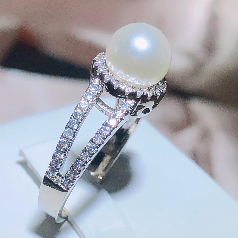 Stamp Vintage Elegant Freshwater Pearl Ring Ladies Wedding Proposal Jewelry Luxury White Zircon Jewelry Gift