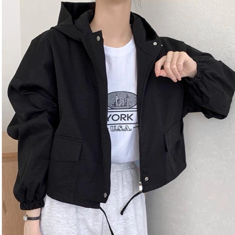 Autumn Vintage Korean Hooded Zipper Casual Solid Color Long Sleeve Jacket for Women