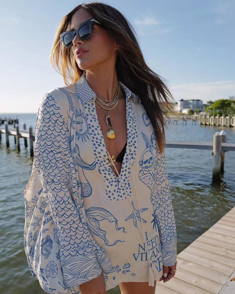 Kimono de Manga Larga con Cuello en V Holgado para Mujer, Cubre Traje de Playa con Estampado Tropical