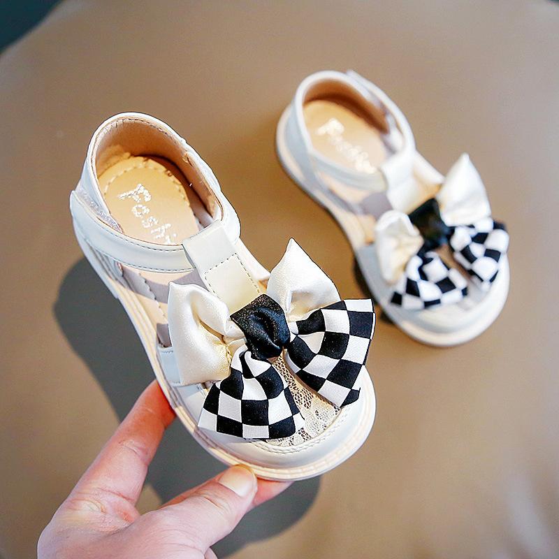 Summer Newest Single Shoes Girls  Korean Tbelt Big Lattice Bow Princess Sandals Children S Soft Bottom Casual Semi Sandals 27