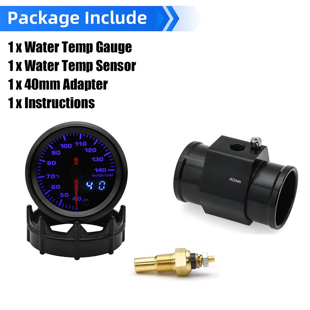 2“ 52mm Water Temperature Gauge 40-140 Celsius 7 Colors Backlight Water Temp Sensor Joint Pipe Sensor Hose Adapter For 12V Car