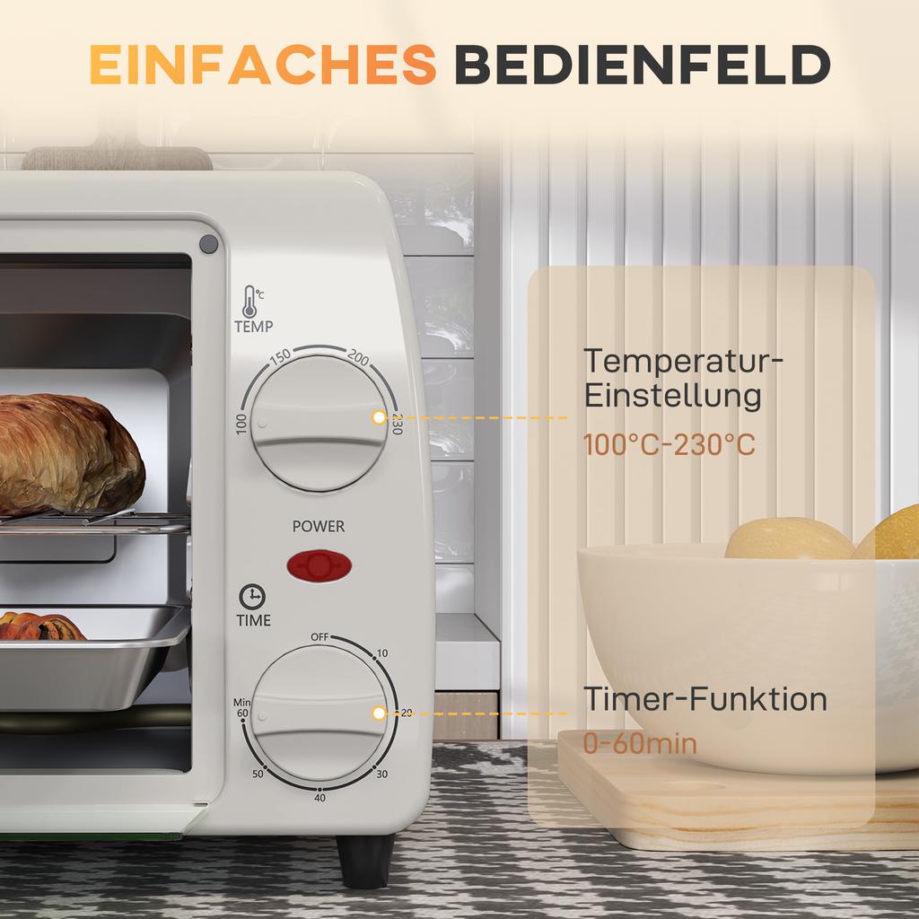 Mini-Backofen Toasterofen, 1 Backblech, 1 Grillrost, 10 L Fassungsvermögen, Timerfunktion, 36,5 cm x 26 cm x 22 cm, Cremeweiß