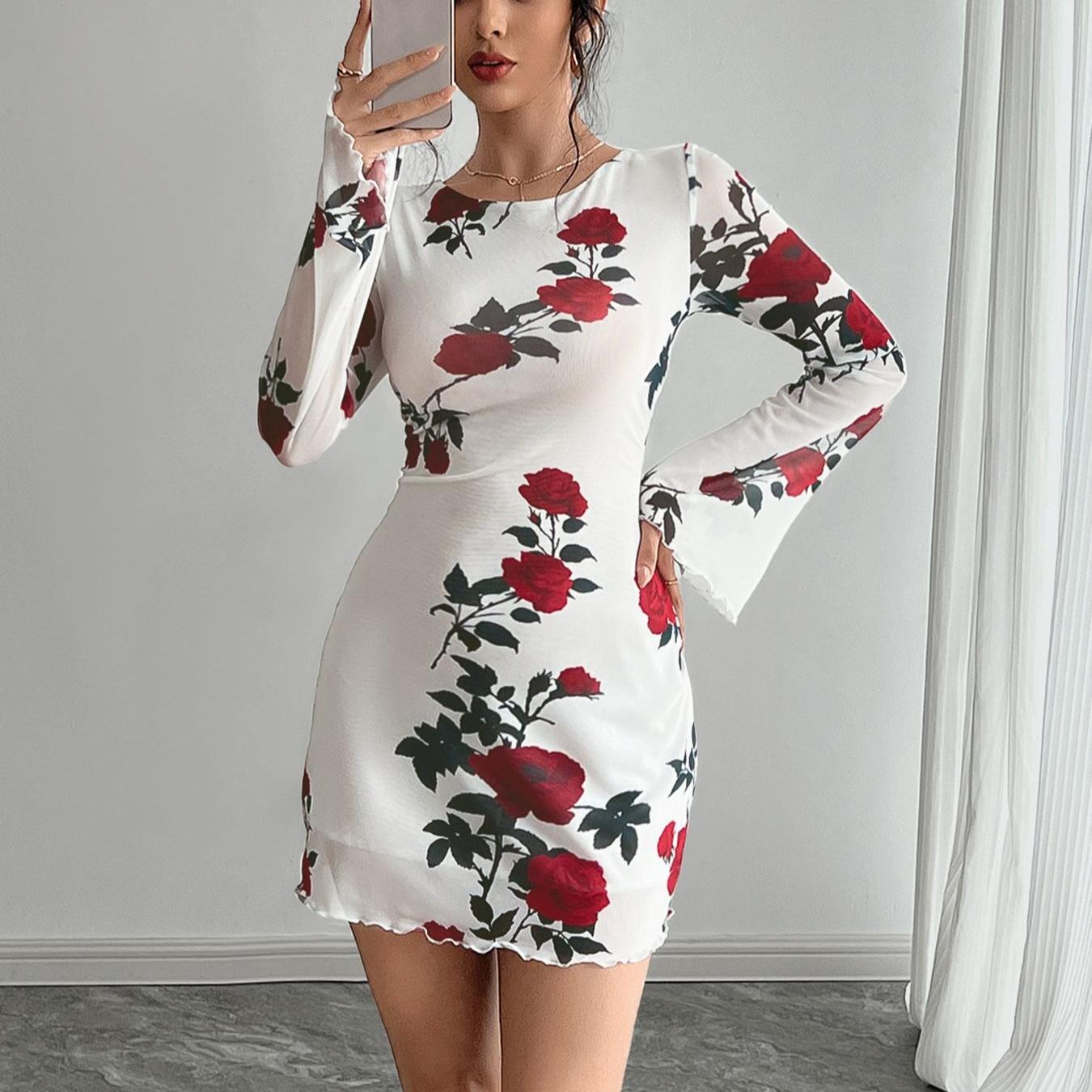 

autumn Elegant flare sleeve Backless Flower printed Sexy Bodycon mini Prom Dress Women Outfit Evening Party Festival Y2K dresses S