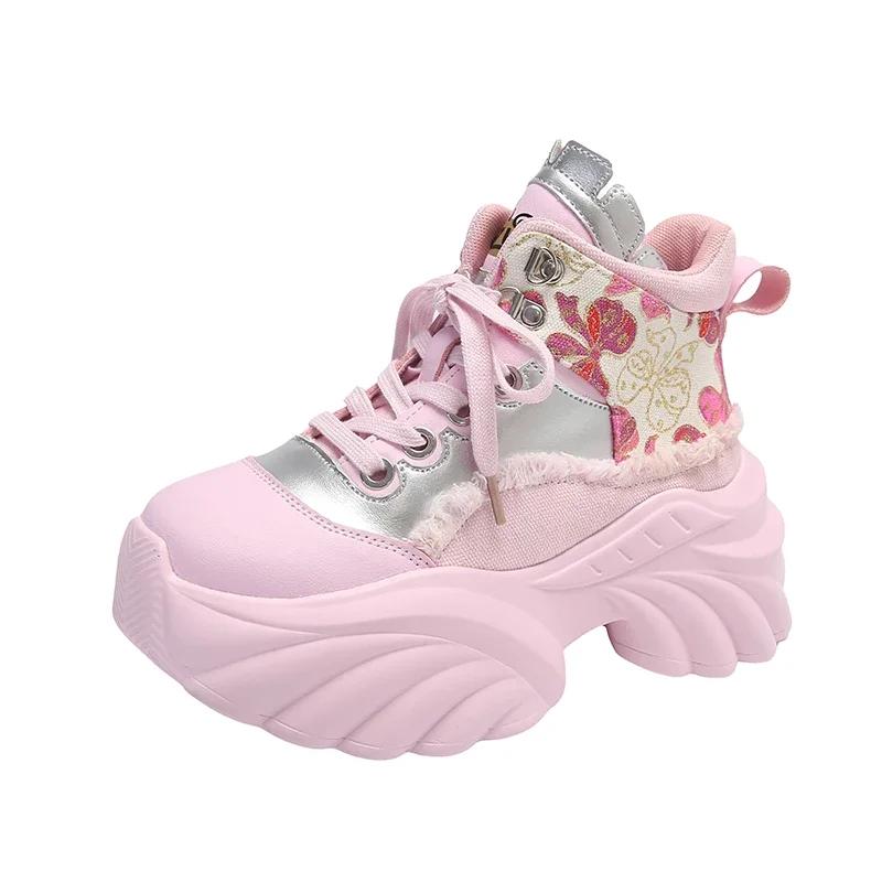 Fashion New Women Casual Platform Sneakers 8.5CM High Heels Autumn Sports Leather Shoes Breathable Trainers Chunky Zapatos Mujer