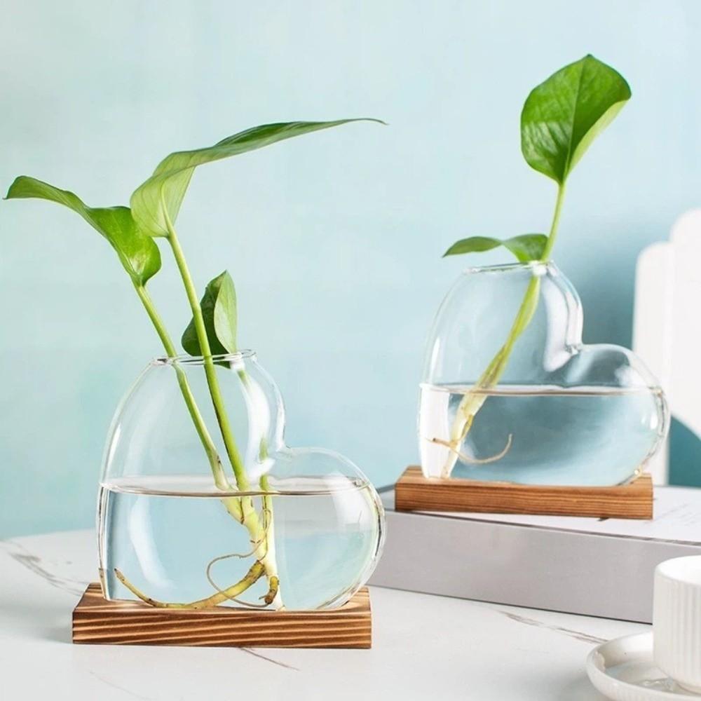 Wooden Stand Love Shaped Vase Decorative Tabletop Plant Vase Mini Terrarium  Flower Plants