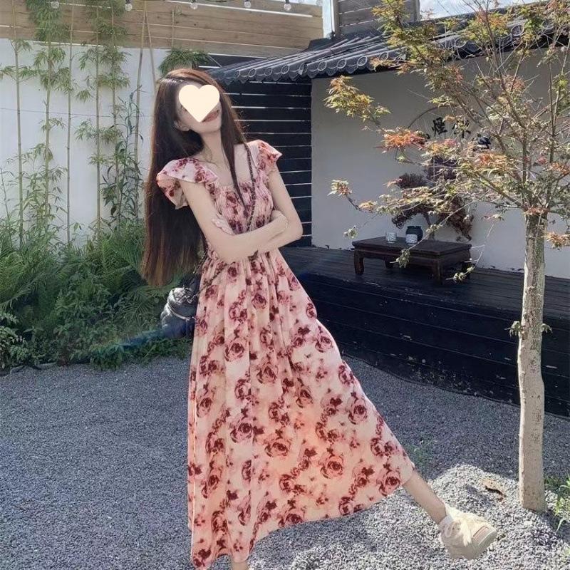 Super fairy Mori dress summer new small flying sleeves sweet temperament gentle wind floral medium and long dress