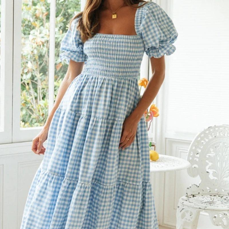 

Женский клетчатый летний сарафан с квадратным вырезом, рукавами-фонариками и высокой талией, длинная юбка, повседневный праздничный сарафан S синий