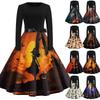 Women's Casual Vintage Halloween Print Dress Long Sleeve Round Neck Retro Style Midi Dress with Waist Tie for Seasonal Wear