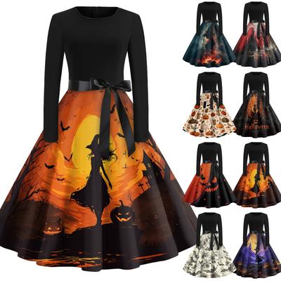Women's Casual Vintage Halloween Print Dress Long Sleeve Round Neck Retro Style Midi Dress with Waist Tie for Seasonal Wear