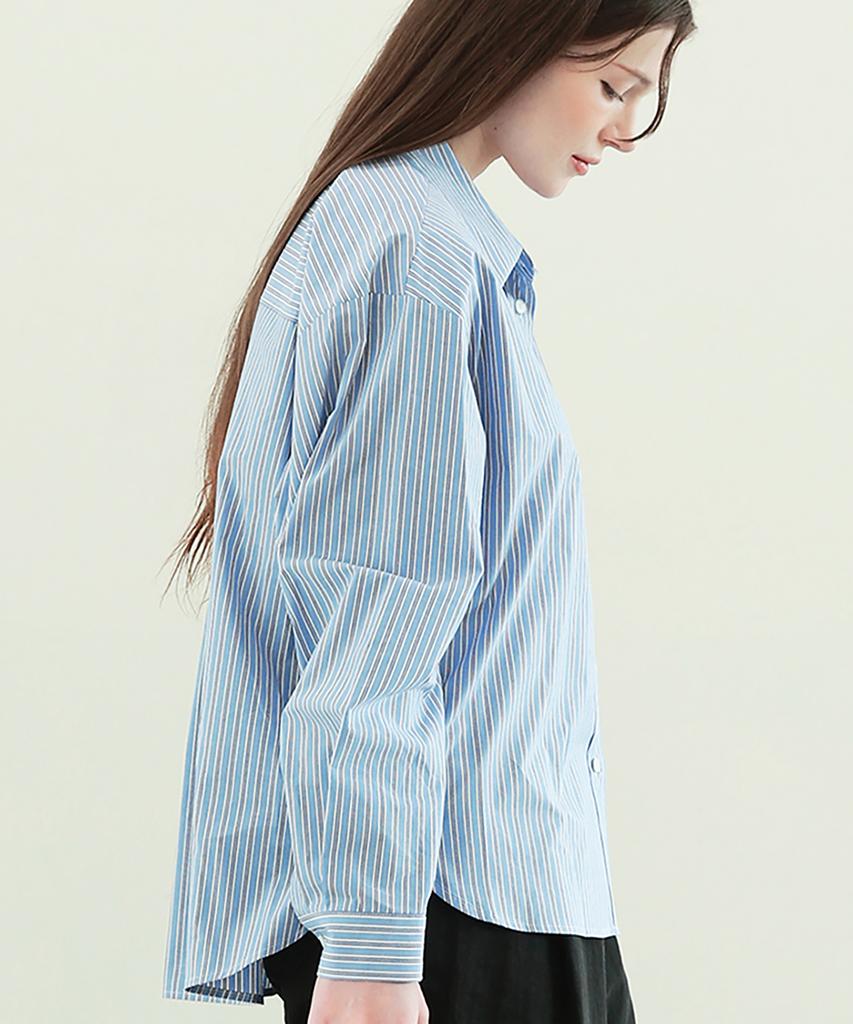 WHEN YOU MOVE Logo Stripe Asymmetrical Cotton Shirt Blue