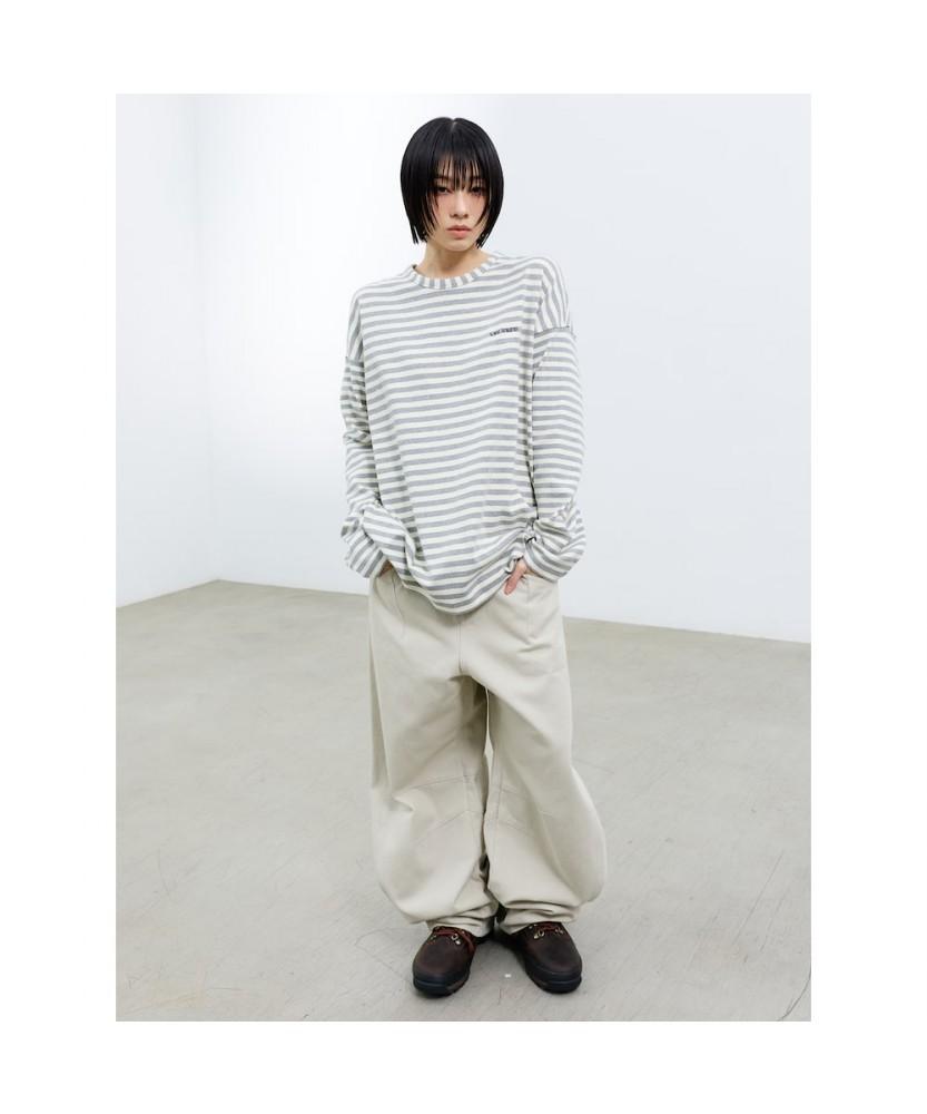 Saendeusaundeu (Unisex) Awning Stripe Long Sleeve T-Shirt Gray