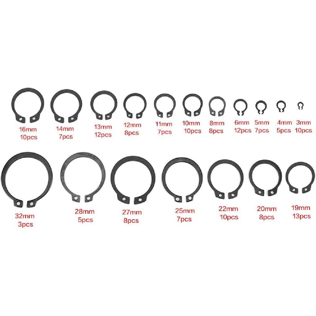 150pcs Black C-Clip Assortment Kit 3mm-32mm Internal/External Retaining Rings for Industrial Fasteners(18 Sizes with Box)