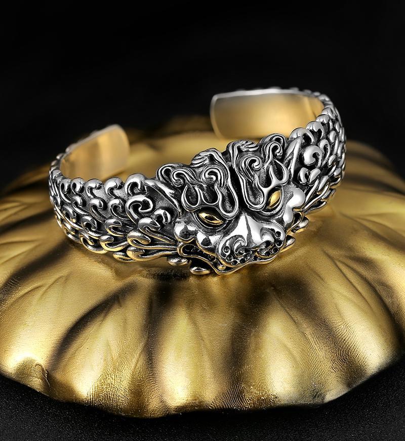 Wide Face Pixiu Bracelet for Men, Made of Pure Silver, Dominating Trendy Fashion, Tiger Head Open Bracelet, Heavy Edition