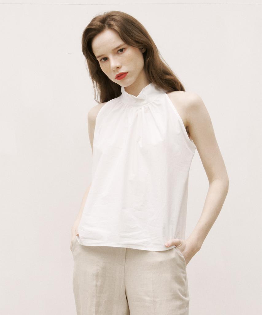 320SHOWROOM Shirring Halter Neck Back Button Blouse White