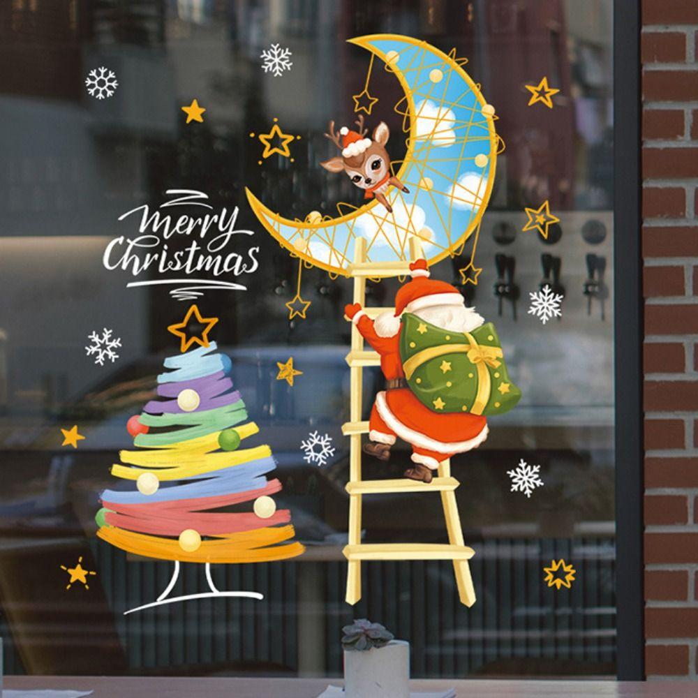Cartoon Shopwindow Decals Santa Clause Reindeer Xmas Tree Sticker  Festival