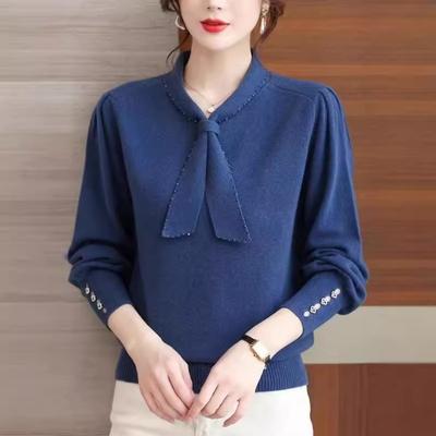 Bow Streamer Knitted Sweater Women's New Autumn Clothing Fashion Commuter Temperament Top with Bottoming Shirt Inside