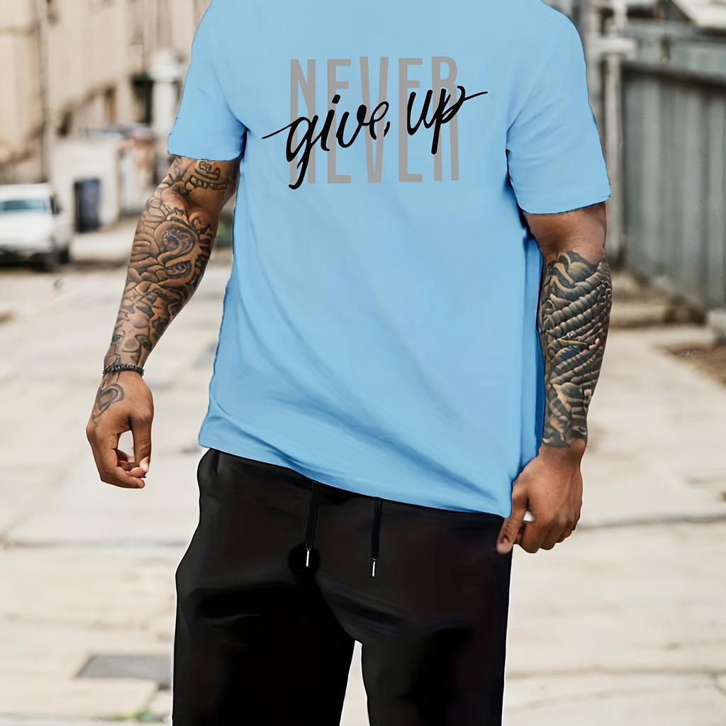 Mens NEVER GIVE UP Graphic Loungewear Set - Short Sleeve Tee & Drawstring Shorts with Pockets - Super Comfortable Casual Pajama