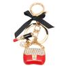 Women Alloy Rhinestone Keychain Exquisite Cute Bow Handbag Lipstick Shaped Pendant Key Ring Decoration Red