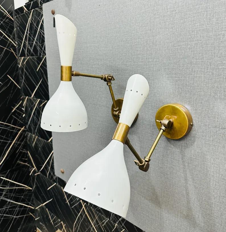 Mid Century Italian Stilnovo Wall Sconce Pair: Brass Adjustable Bedside Lamps
