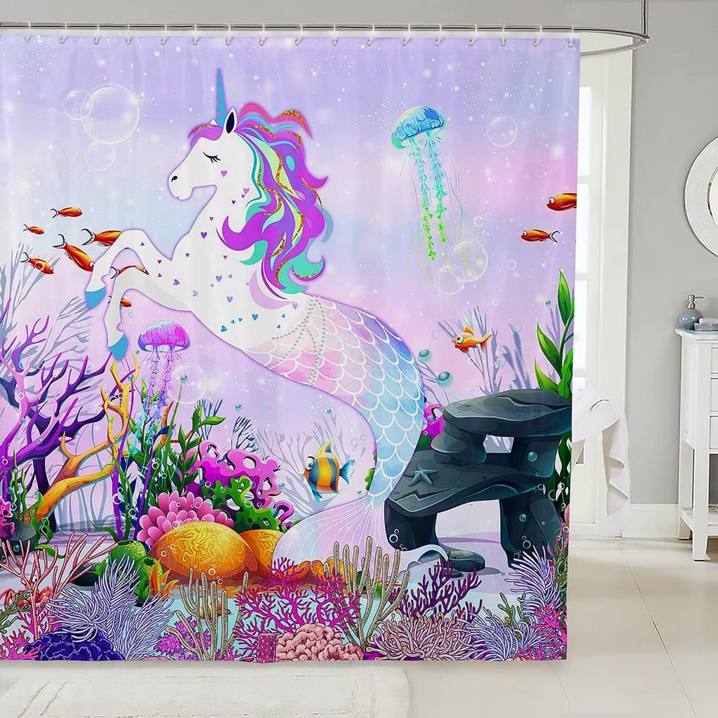 Gradient Purple Shower Curtain, Rainbow Unicorn Bath  Glitter Stars, Waterproof Curtains, Dreaming Cartoon Bathroom Deco