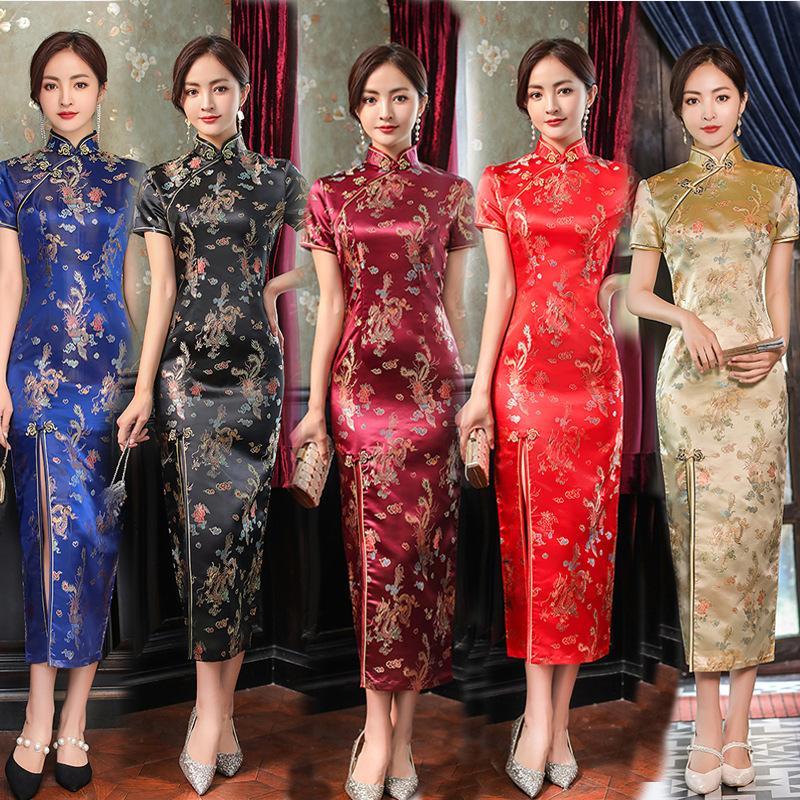 Estilo Chino Qipao Sexy Mujer Talla Grande Cheongsam Vintage Clásico Vestido Chino Dragón y Fénix Chaleco Largo Vestidos