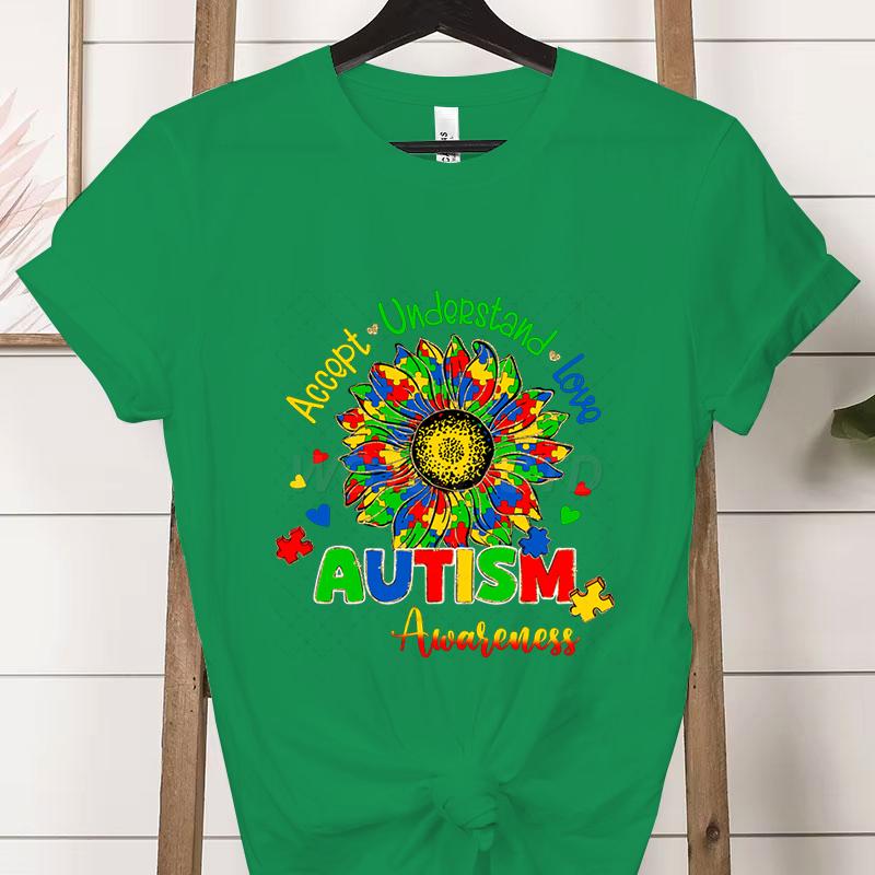 Autism Awareness Woman Tshirts Accept Understand Love Shirt Autism Teacher Gift Autism Gift for Mom Proud Short Sleeve Tshirt
