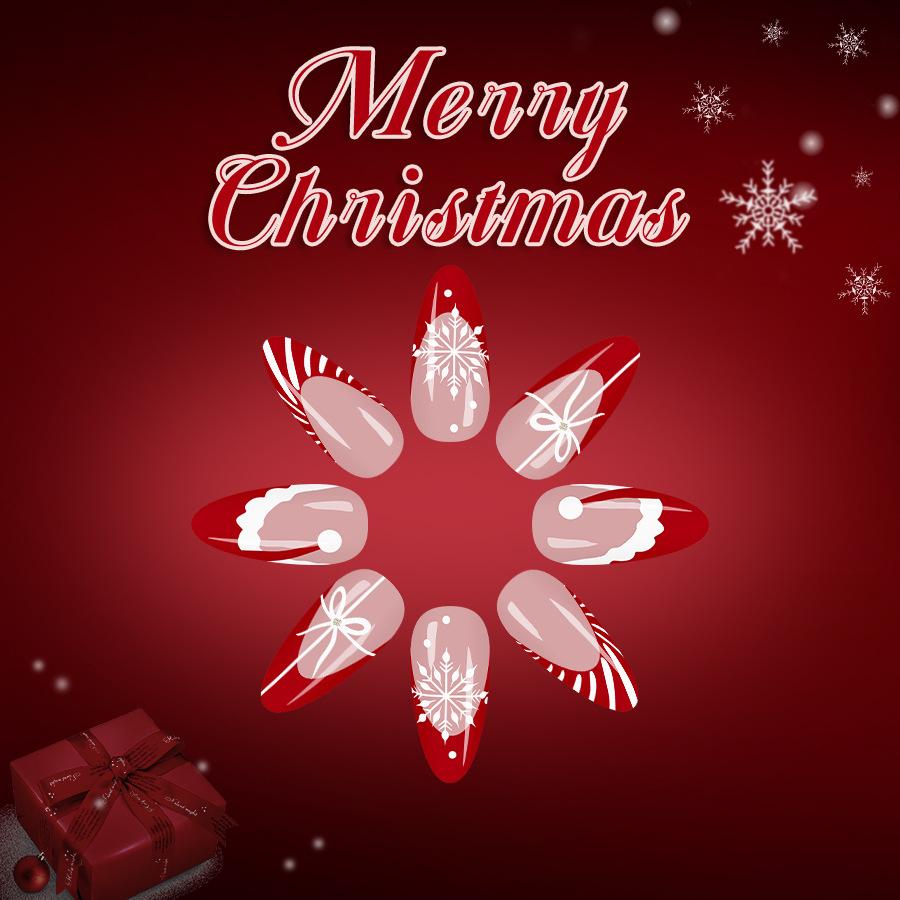 2026 Weihnachten Rote Streifen Französisch Glänzend Mittlere Mandel Press-On Nägel 24 Stück mit Glitzer Schneeflocken Design