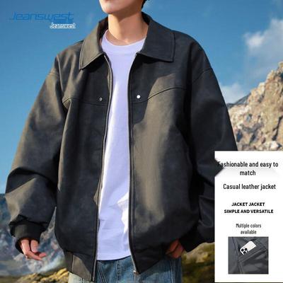 JEANSWEST Men's Retro Windproof Casual Faux Leather Jacket