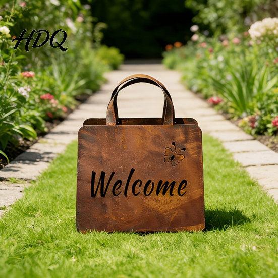 Mini Flower Box Handbag Planter Rustic Metal Purse with Curved Handle Double-Sided Hello Vintage Iron Pot Welcome Design Farmhouse Garden Decor for