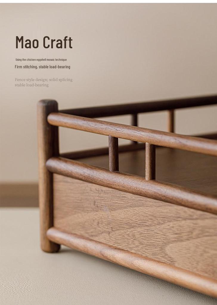 Guanlan Walnut Wood Tea Table with Double Drawer and Display Shelves for Tea Pot and Cup Storage