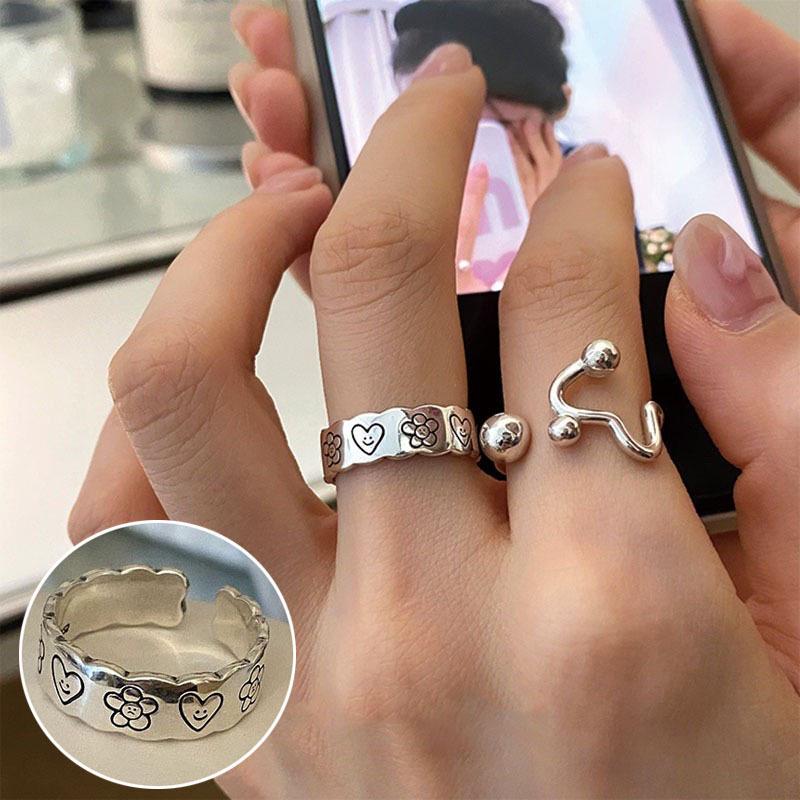 Korean 3D Heart Ring: Women's Retro Wide Band, Fashionable English Letter Open Finger Ring, Hip-Hop Style Index Finger Ring.
