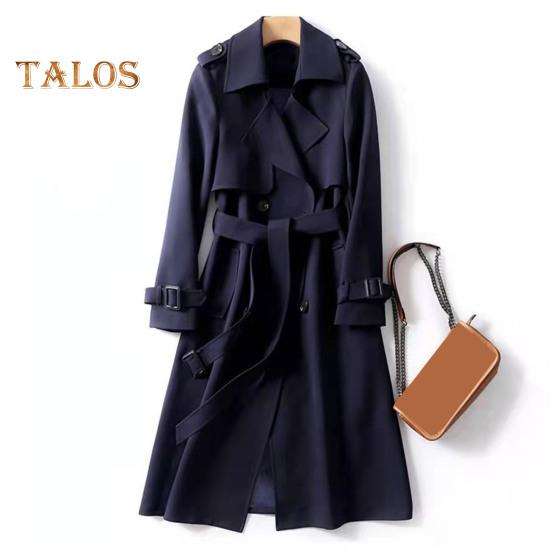 Women Windbreaker Turn-down Collar Loose Pure Color Coat Double-breasted Long Sleeves Belt Decor Overcoat Mid Length with Pockets Windproof Lady