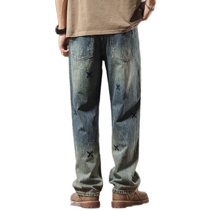 Amerikanische gewaschene Retro-blaue bestickte Jeans Herren gerade locker weit geschnittene trendige lässige Hose verlängert Frühling und Sommer