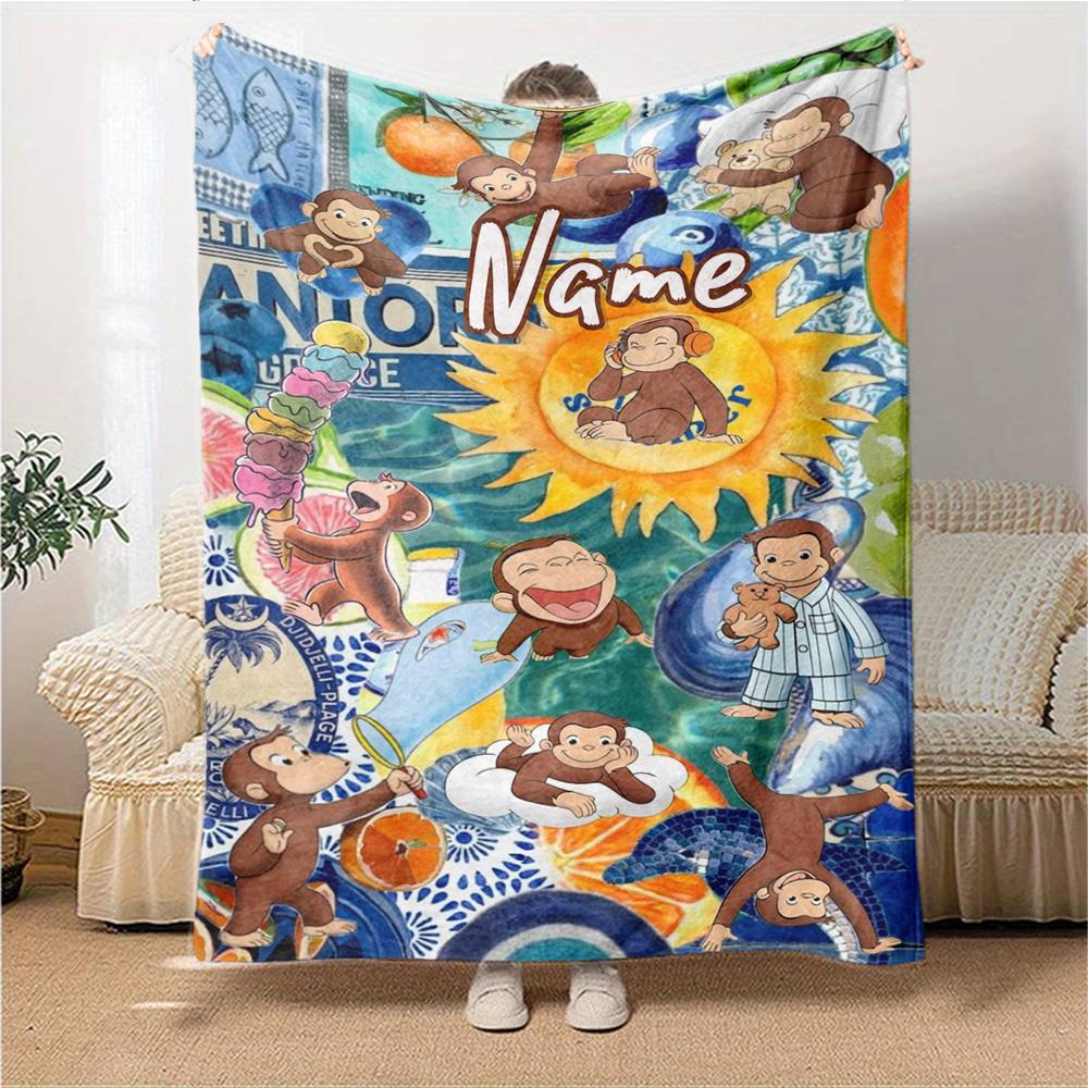 Custom Name Curious George Adventure Party Blanket For Couch Bed Plush Cozy Fuzzy Blanket Super Soft Warm Blankets For Fall And Winter 0916214