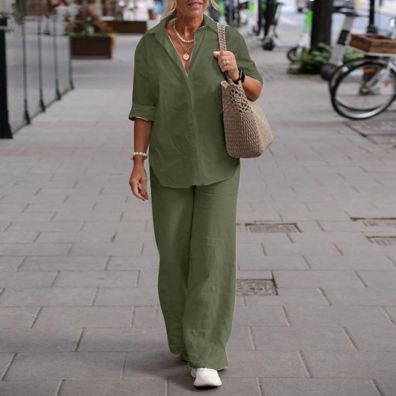 European and American Cross-border Women's Clothing Two-piece Set Women's 2026 Lapel Collar Long-sleeved Shirt Spring and Autumn Casual Solid Color