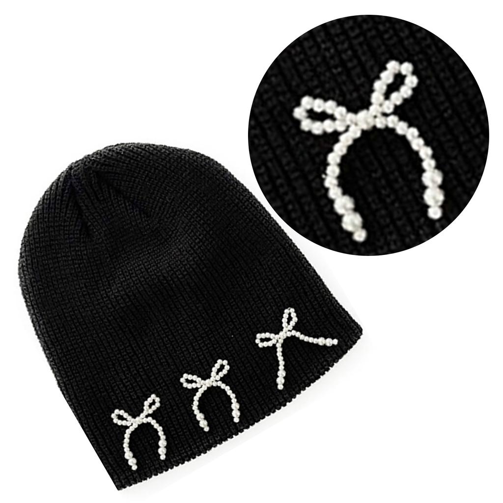 Black Women Beanie Hat Jeweled Pearls Girls Hat Photo Props Versatile Bows Studded Hat for Autumn and Winter