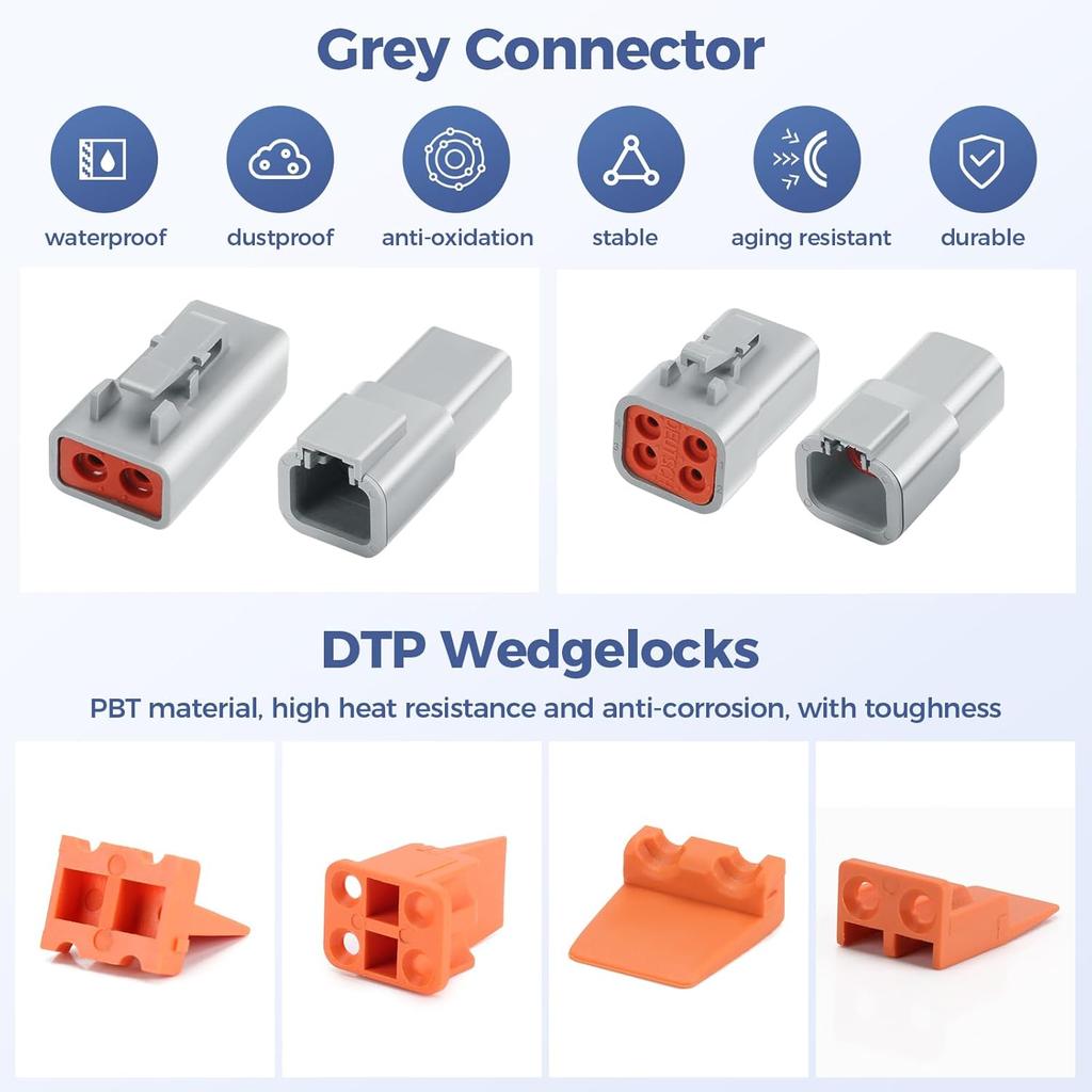 32 PCS Deutsch DTP Connector Kit 2 Pin Automotive Waterproof Connectors 4 Sets With Size 12 Stamped Contacts Gauge 14-12 AWG Wire Size,25A