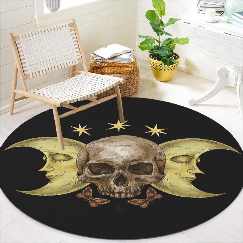 Skull Moon Round Rug Nonslip Area Rug Office Chair Mat Carpet For Living Room Bedroom Home Decor